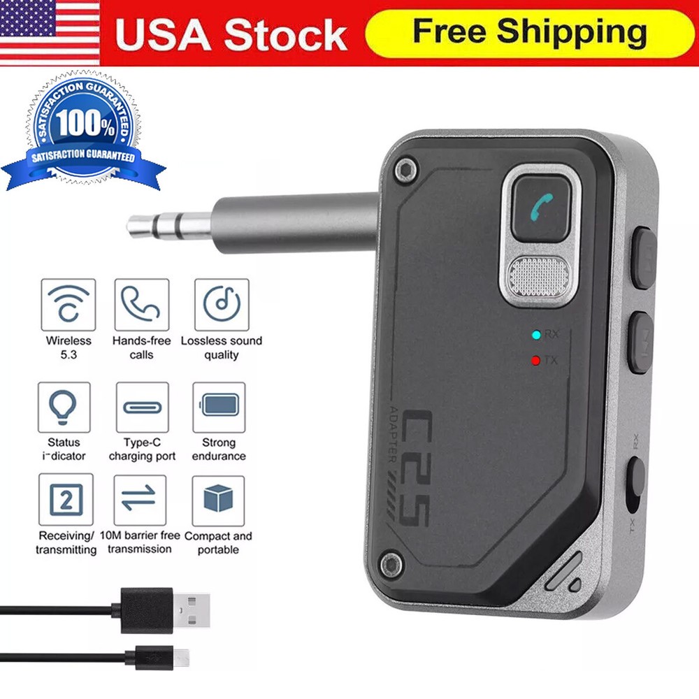 Bluetooth 5.3 2in1 Transmitter Receiver Car Wireless Audio Adapter USB 3.5mm Aux