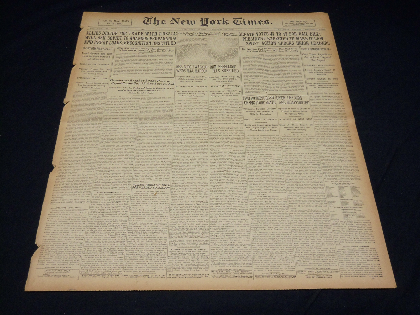 1920 FEBRUARY 24 NEW YORK TIMES - SENATE VOTES 47 TO 17 FOR RAIL BILL - NT 7879