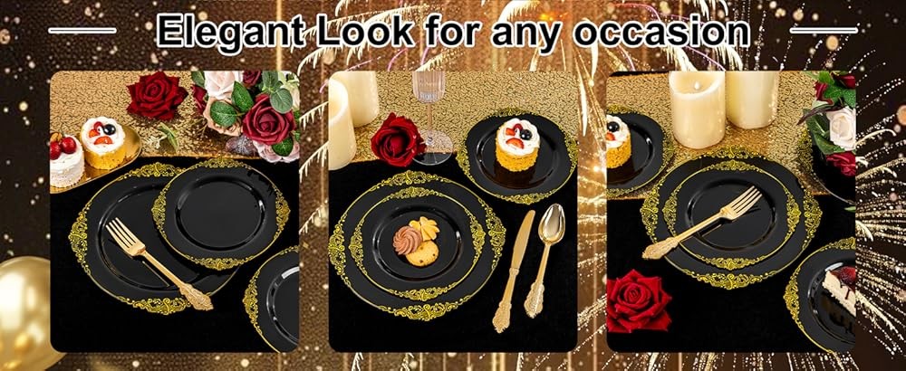 Bla and Gold Plastic Plates - Bla Disposable Dinnerware Set - Vinta