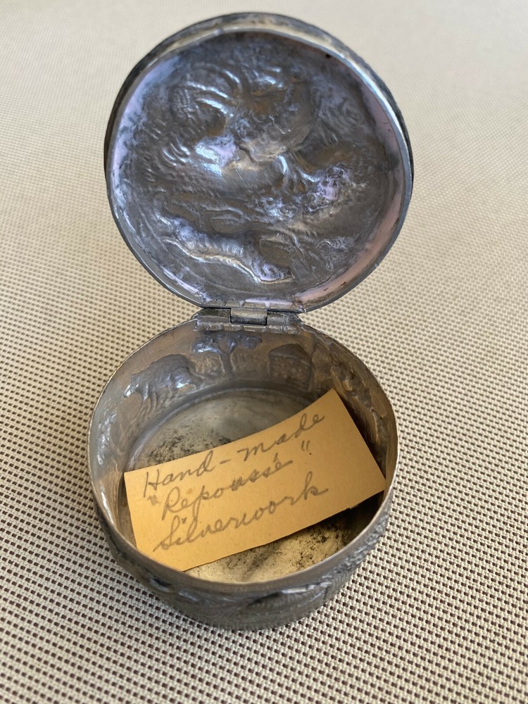 Antique Repousse Silverwork Trinket Patch Box Animals Trees Round Handmade