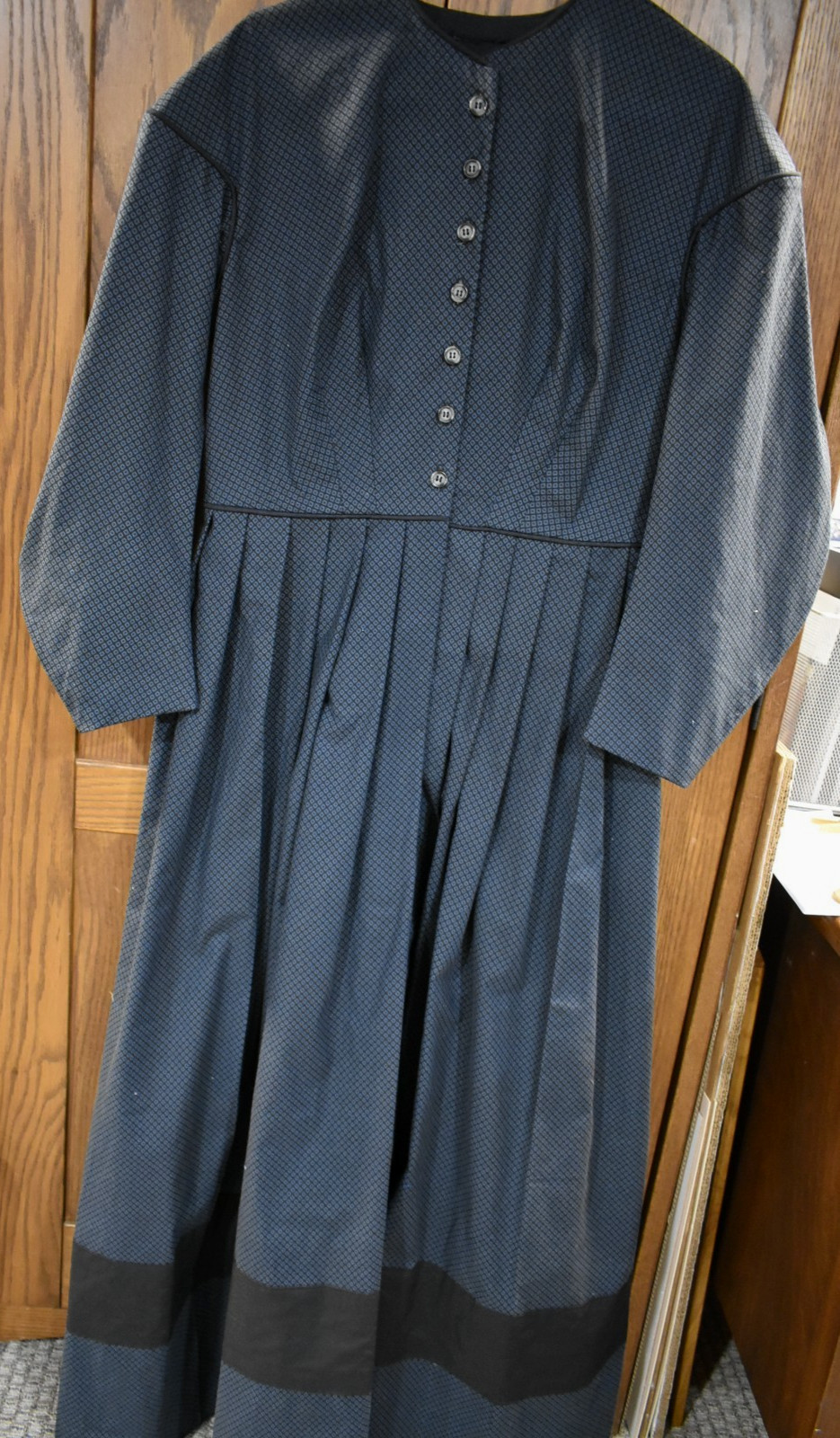 Civil War Victorian Cotton Day Dress Handmade Black wGrayDiamond Print - L/XL