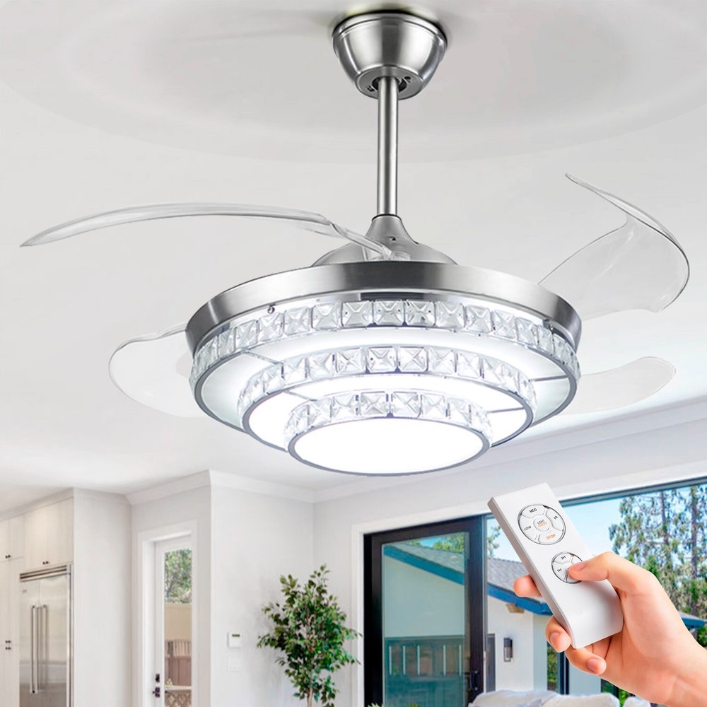 42 inches Silver 3-Ring Crystal Fan Ceiling Light