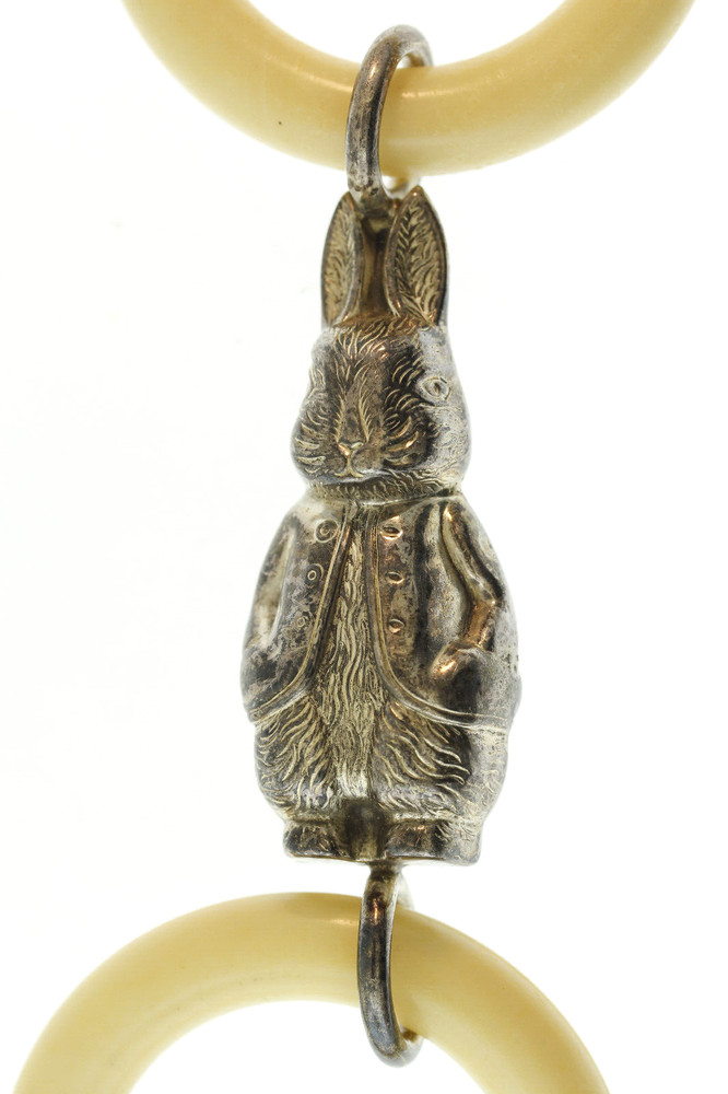 Antique Peter Rabbit Silverplate & Bakelite Baby Rattle & Teething Ring