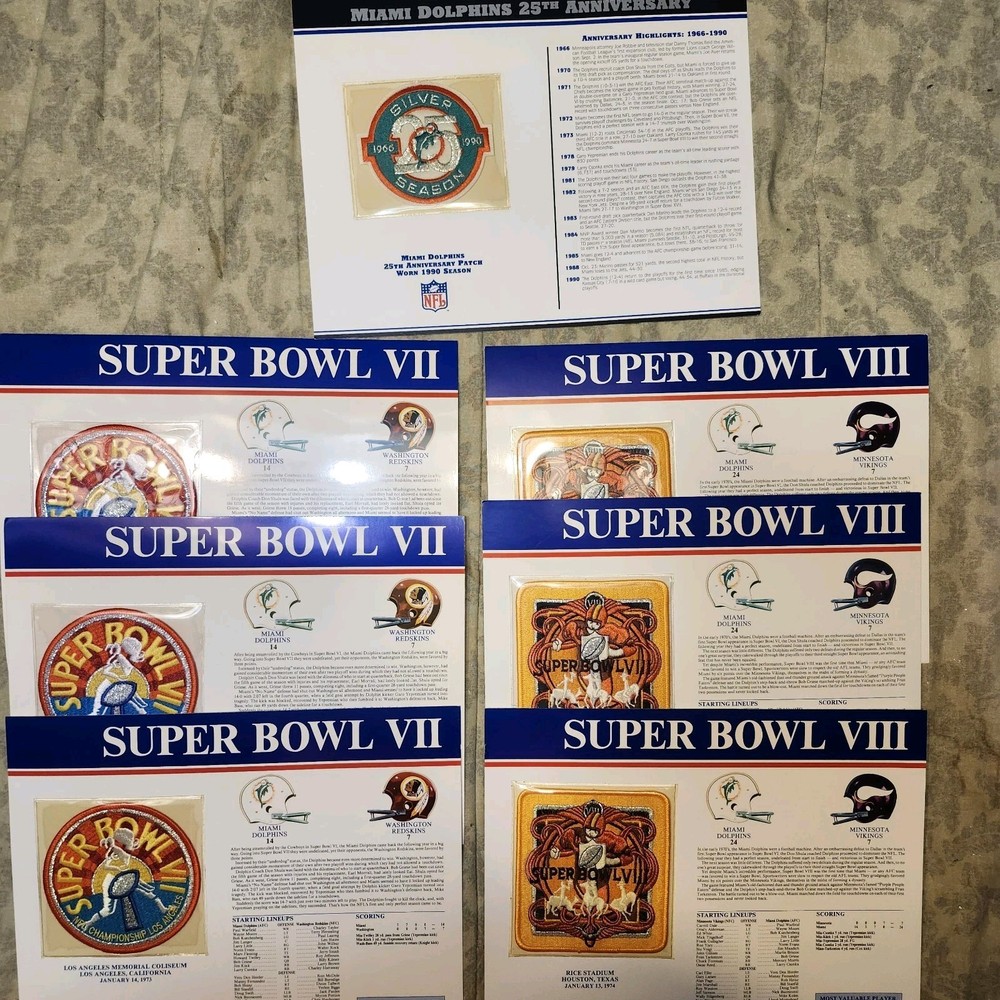 MIAMI DOLPHINS LOT OF 7 PATCHES / 25TH ANNIV  & 3 SETS OF SUPER BOWLS 7 & 8 VINT