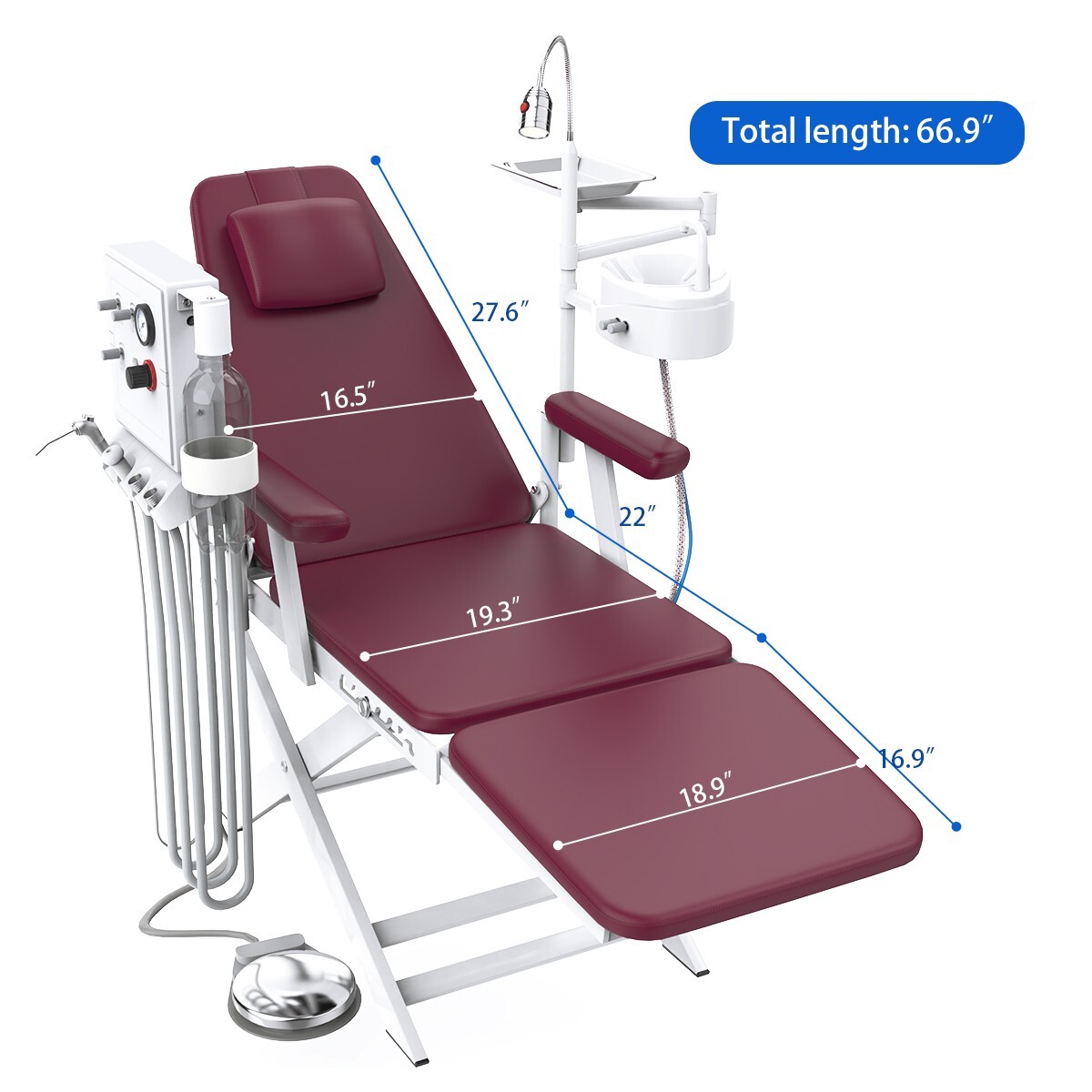 Portable Dental Folding Chair+LED Light+Air Turbine Unit+Weak Suction Burgundy