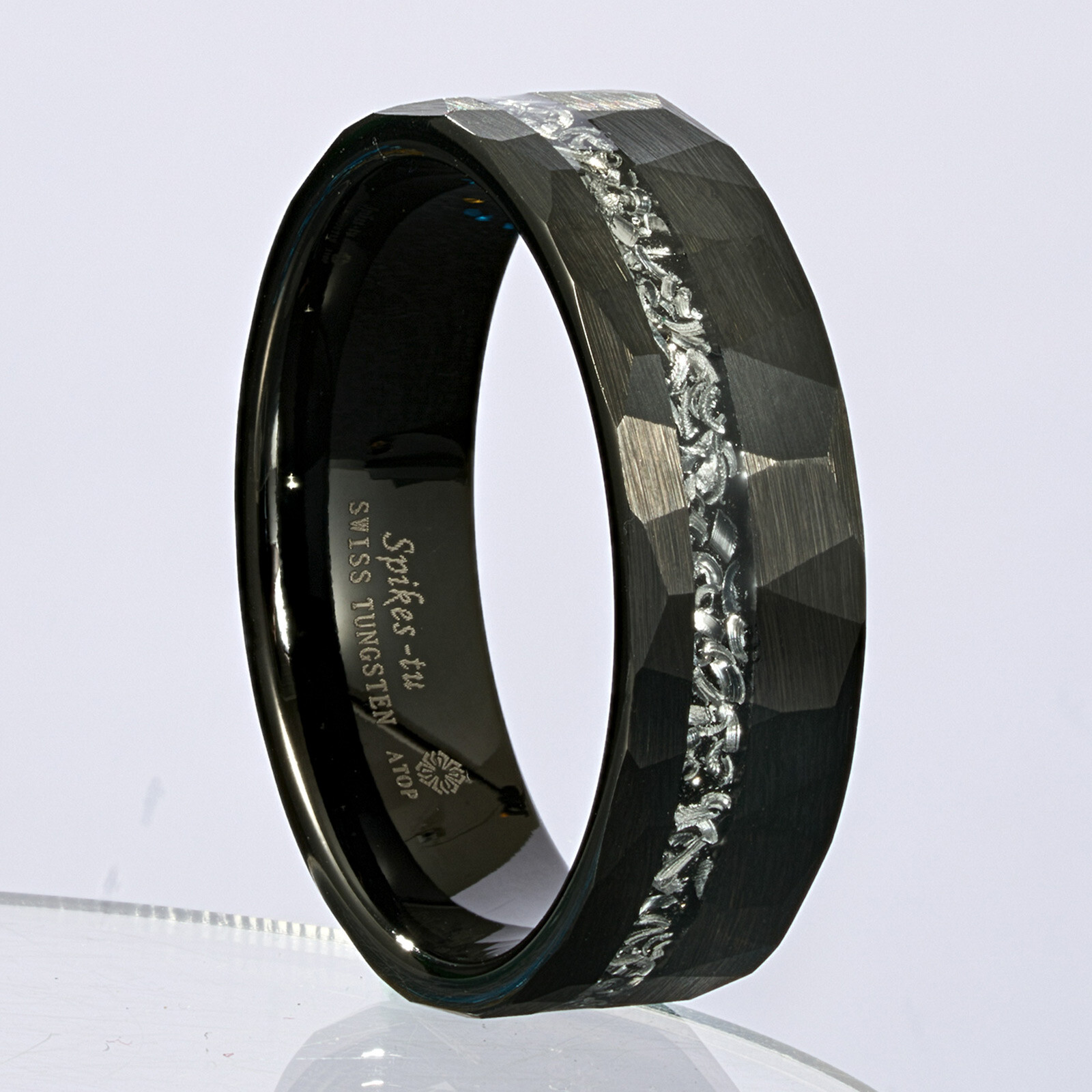8mm Black Meteorite Tungsten Ring Sliver Line Mens Wedding Band ATOP Jewelry