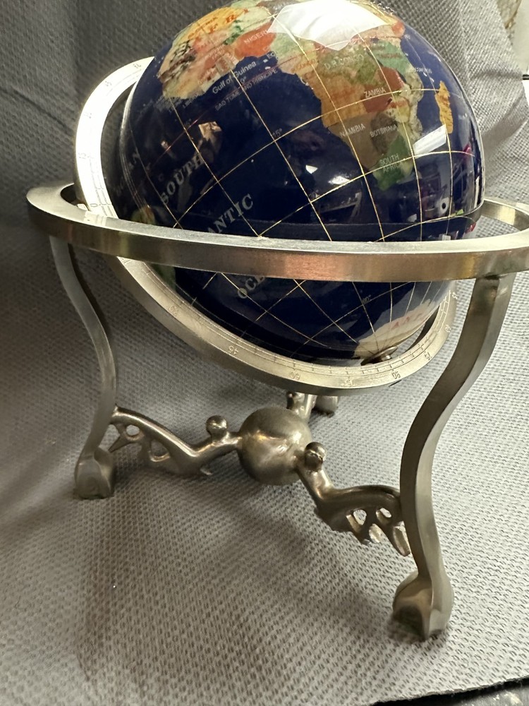 10 Inch Decorative Gemstone Inlaid World Globe With Solid Brass Three.