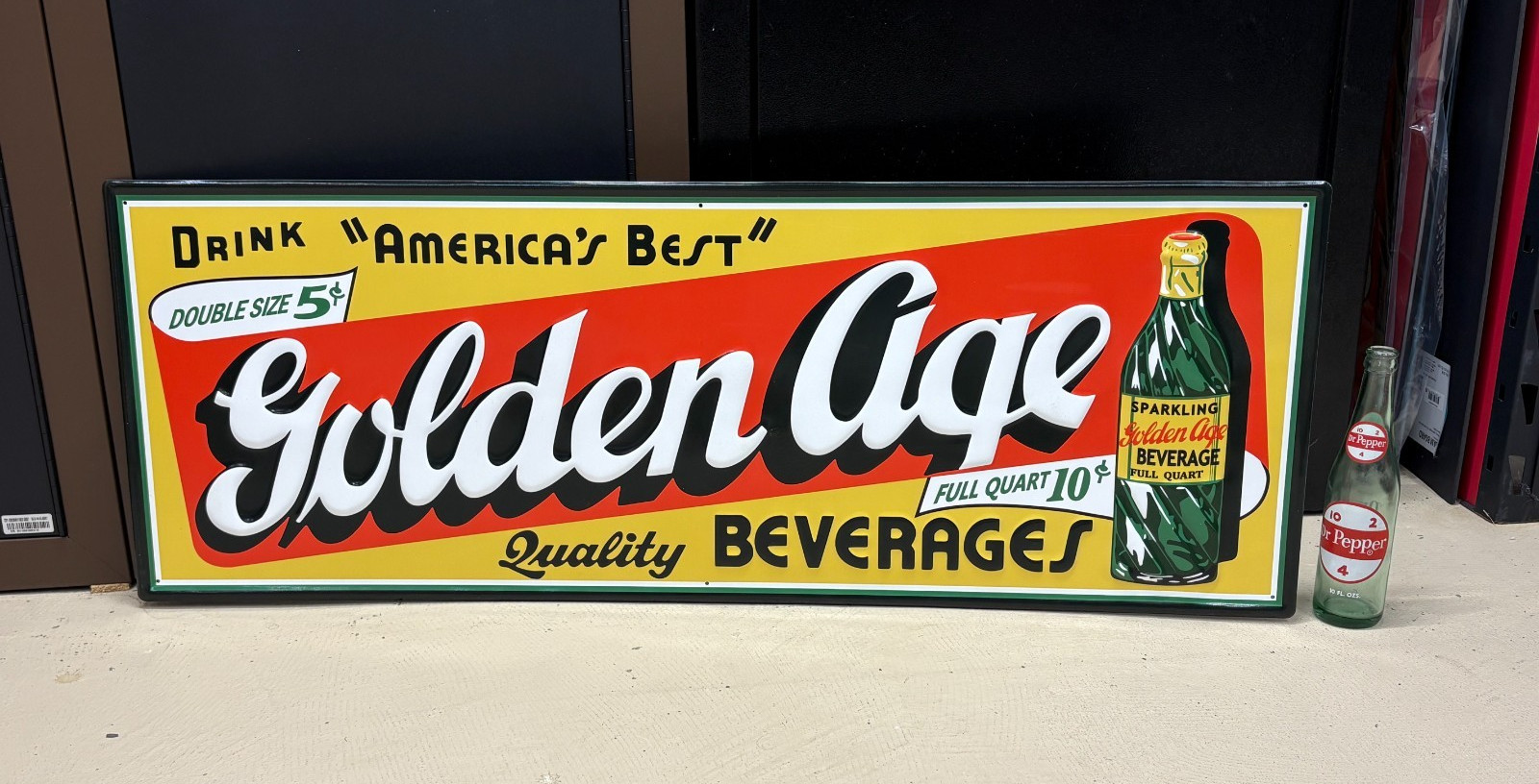 "GOLDEN AGE BEVERAGE" LARGE EMBOSSED METAL ADVERTISING SIGN (41"x 15") NICE
