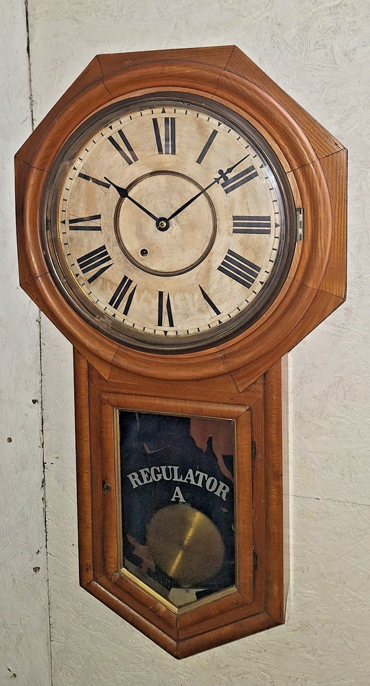 ANTIQUE ANSONIA LONG DROP WALL REGULATOR SCHOOLHOUSE CLOCK PENDULUM +KEY WORKING