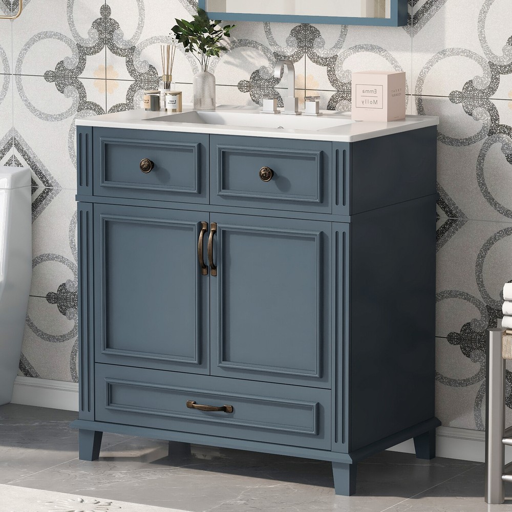 30'' Bathroom Vanity with Ceramic Sink,Solid Wood Frame Bathroom Storage Cabinet
