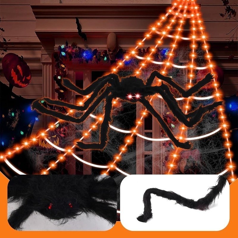 Giant Light Up Spider Web Remote Control Timer Realistic Spider Halloween Decor
