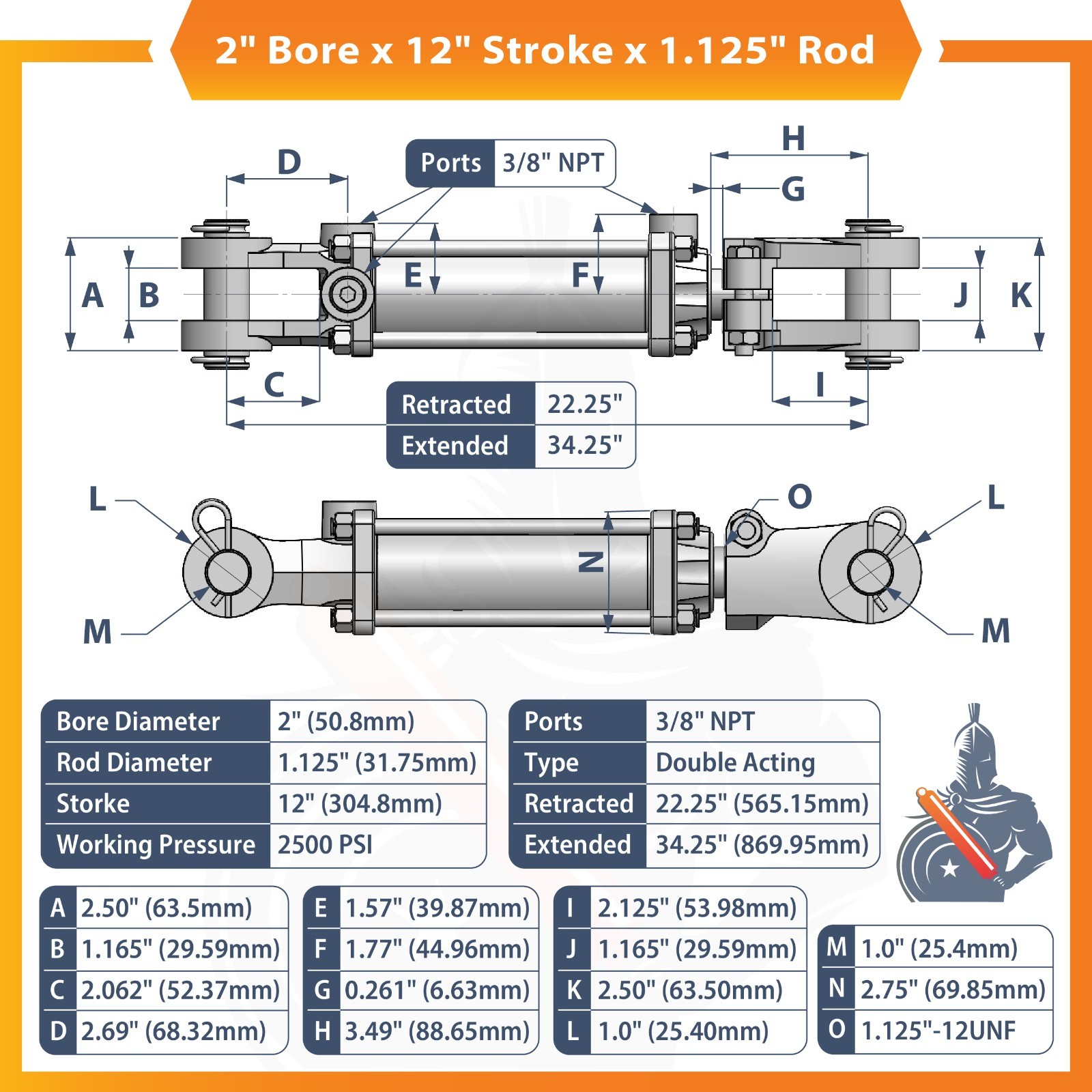 2x12 Hydraulic Cylinder 2" Bore 12" Stroke Double Acting Tie-Rod Cylinder