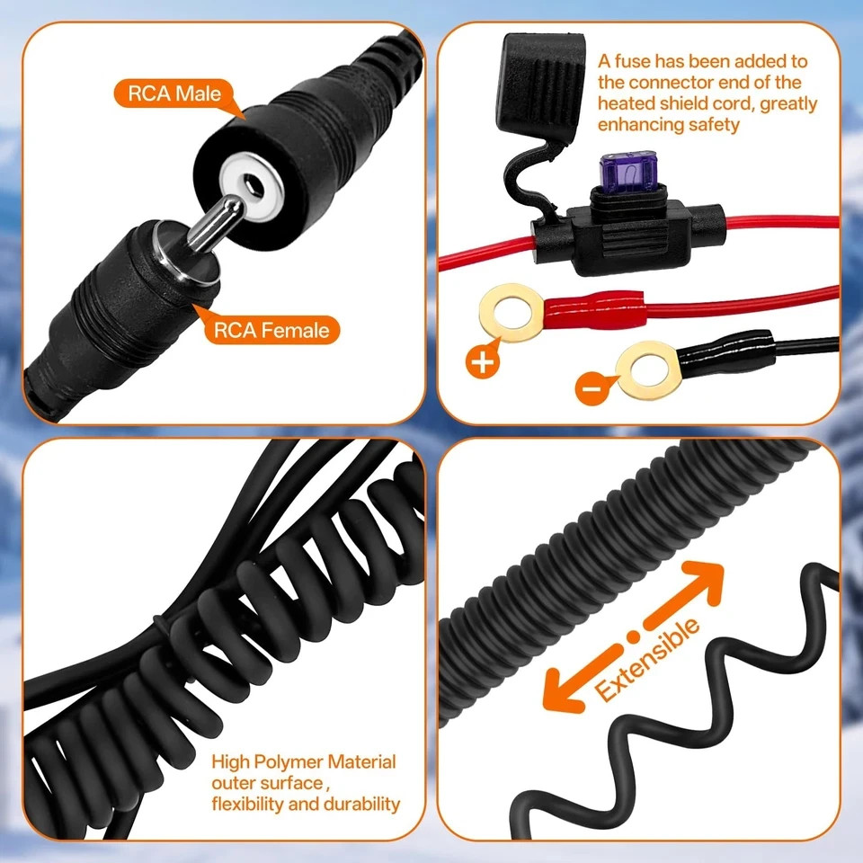 Snowmobile Helmet Heated Shield Cord RCA Replacement Power Cable