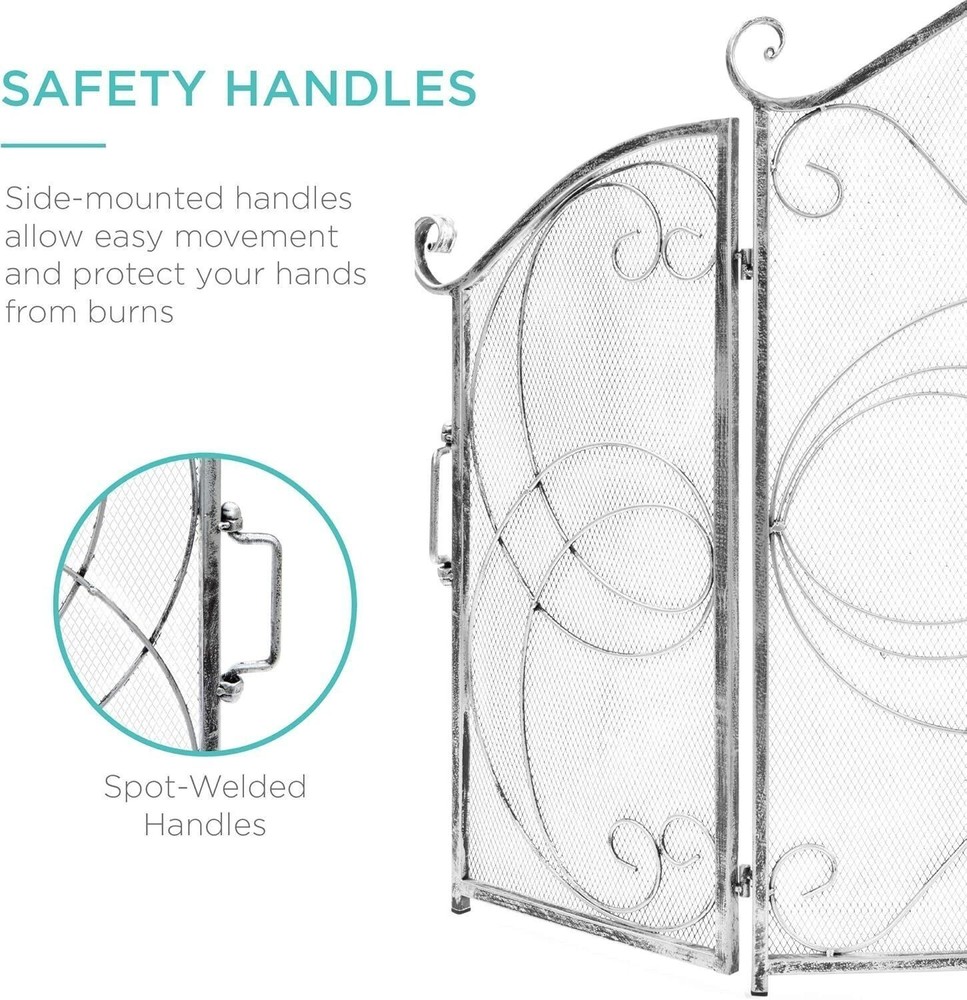 3-Panel Solid Wrought Iron See-Through Metal Fireplace Screen Spark Guard Safety