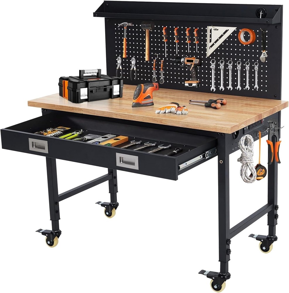 48"Garage Workbench|Pegboard,Drawers,Power Outlet|Tool Bench&Wheels for Workshop