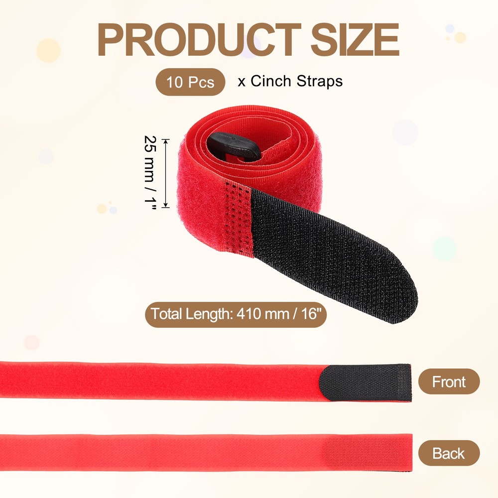 10pcs Reusable Cinch Straps 1"x16" Hook and Loop Cable Securing Straps, Red