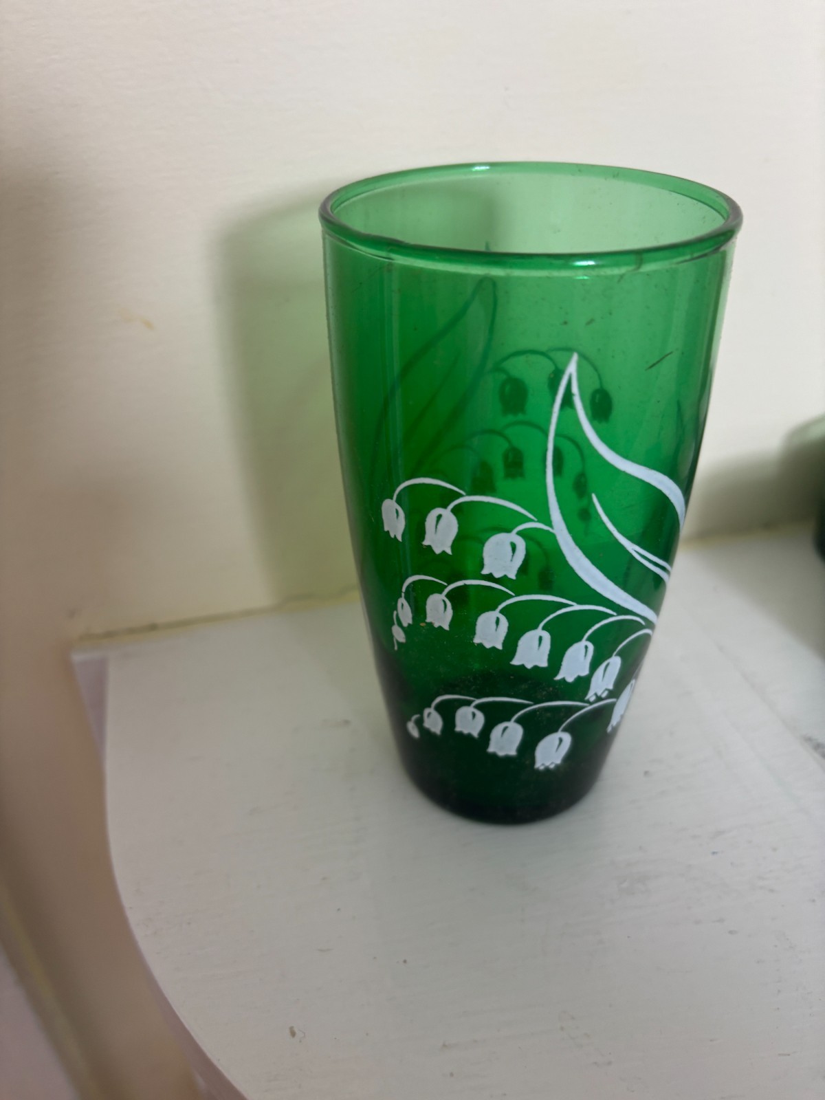 Vintage Anchor Hocking LILY OF THE VALLEY Green Glass Tumbler - 8 in orig box