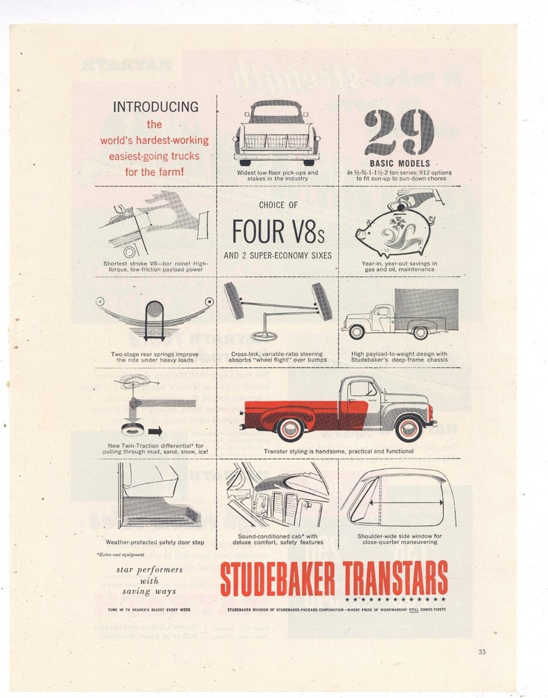 1956 Studebaker Transtar Pickup Truck Ad: 29 Basic Models Available -