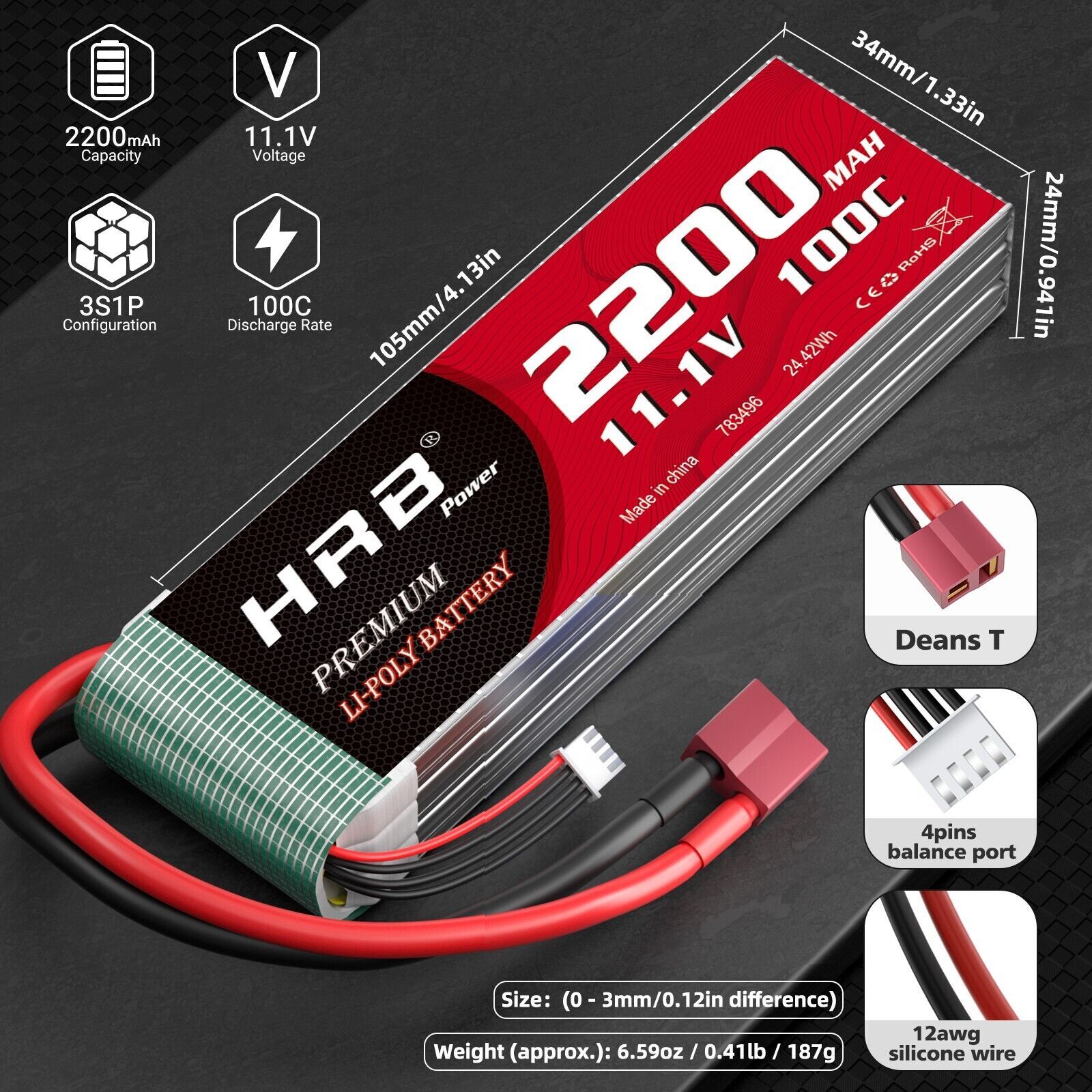 2x HRB 2200mAh 3S 11.1V 100C Lipo Battery Deans for RC Car Turck Racing Boat FPV