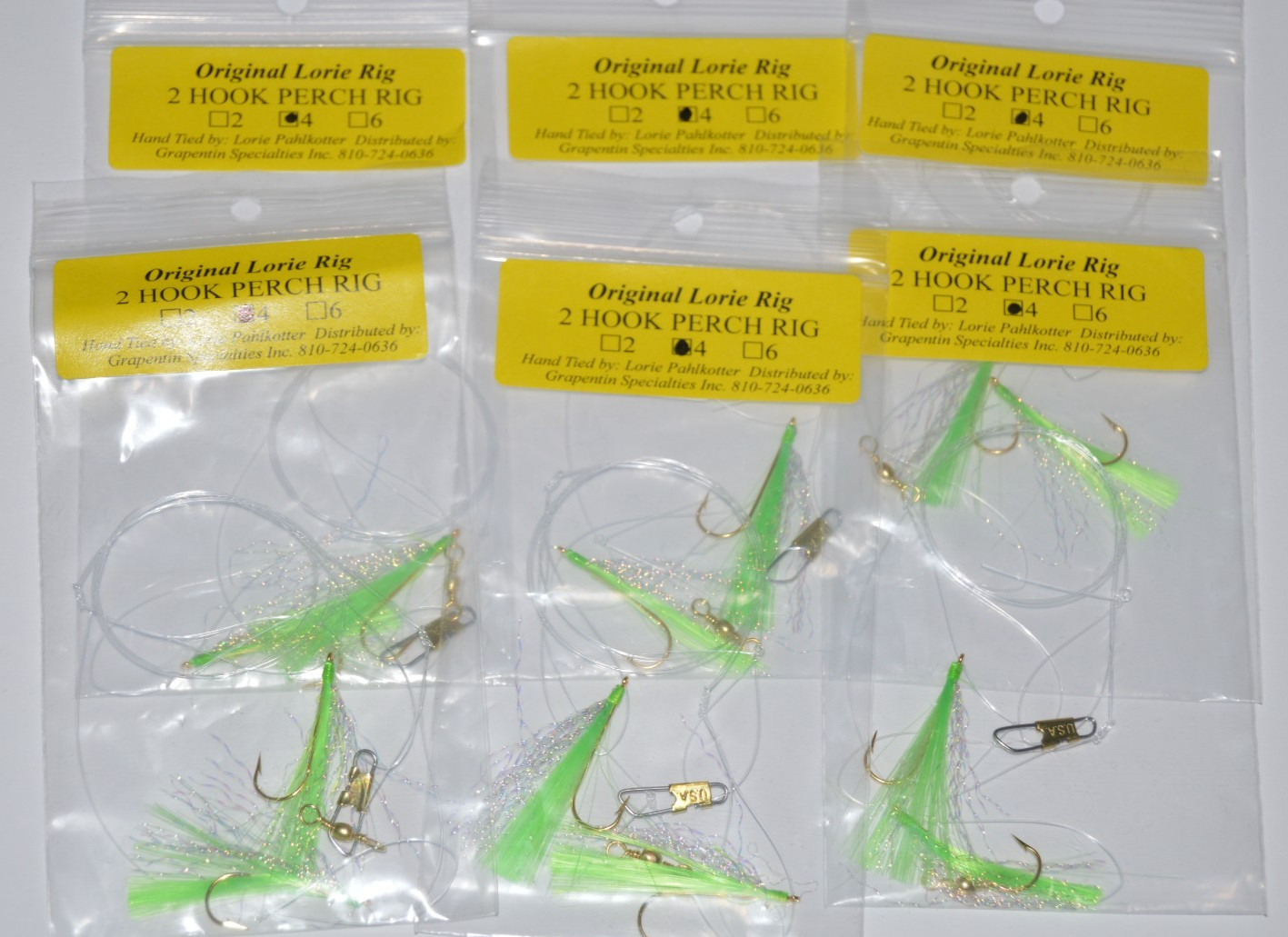 6 packs Lorie's Handmade 2-Hook Perch Rigs double hook rig #4  chartreuse