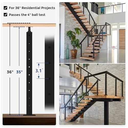 Cable Railing Post, Adjustable Top Level Drilled Railing Line 36" 1 Level Post