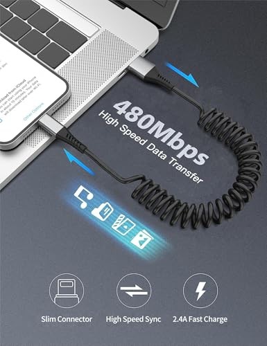 Coiled Lightning Cable for Car, 2Pack Retractable iPhone Charger 3FT Coiled