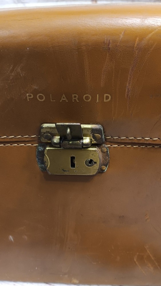 Vintage Brown Leather Polaroid Camera Case with assorted Flash Devices