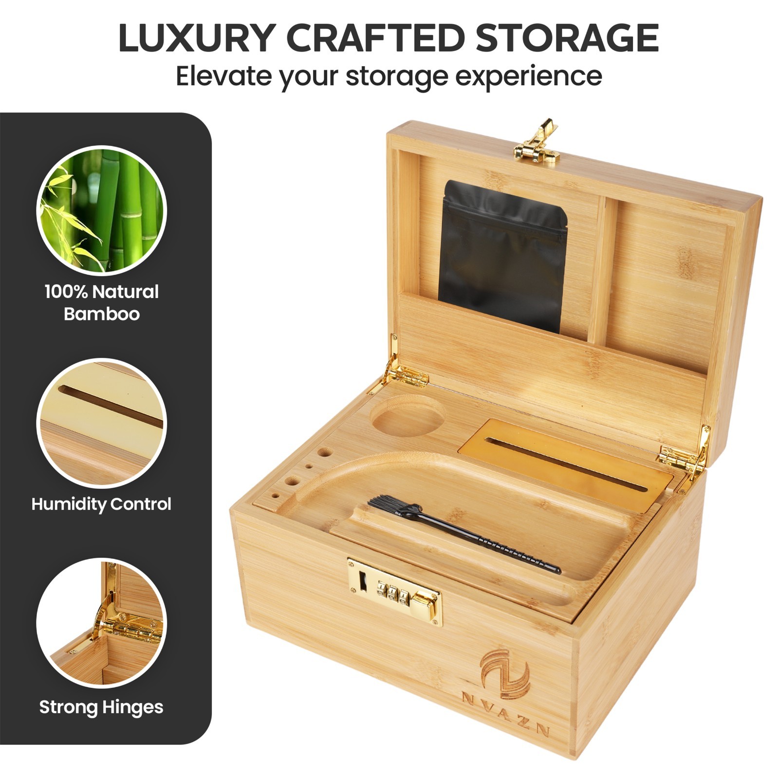 Stash Box Large - Smell Proof Bamboo Box with Rolling Tray - Storage Wood Box