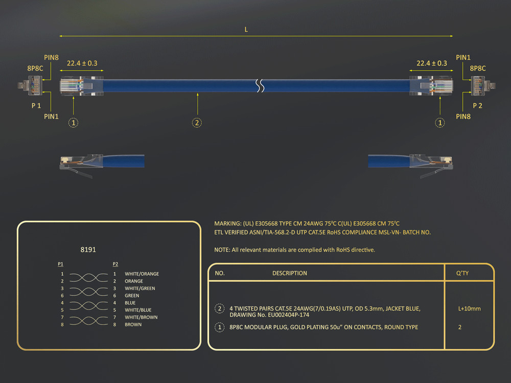 1ft Cat5e UTP Non-Booted Ethernet Network Patch Cable 24AWG Bare Copper, Blue