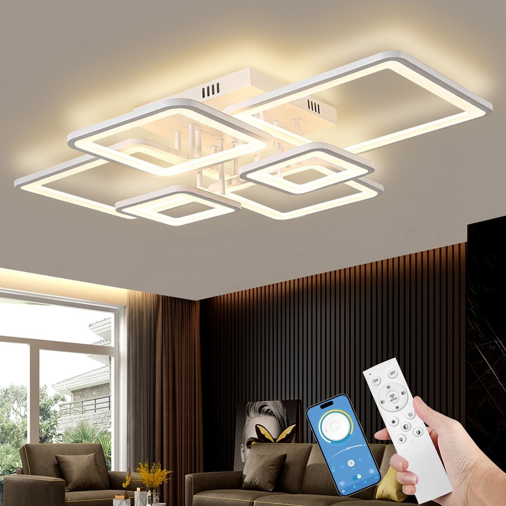 6-Ring Dimmable LED Ceiling Lamp – White Flush Mount Light with Remote Control