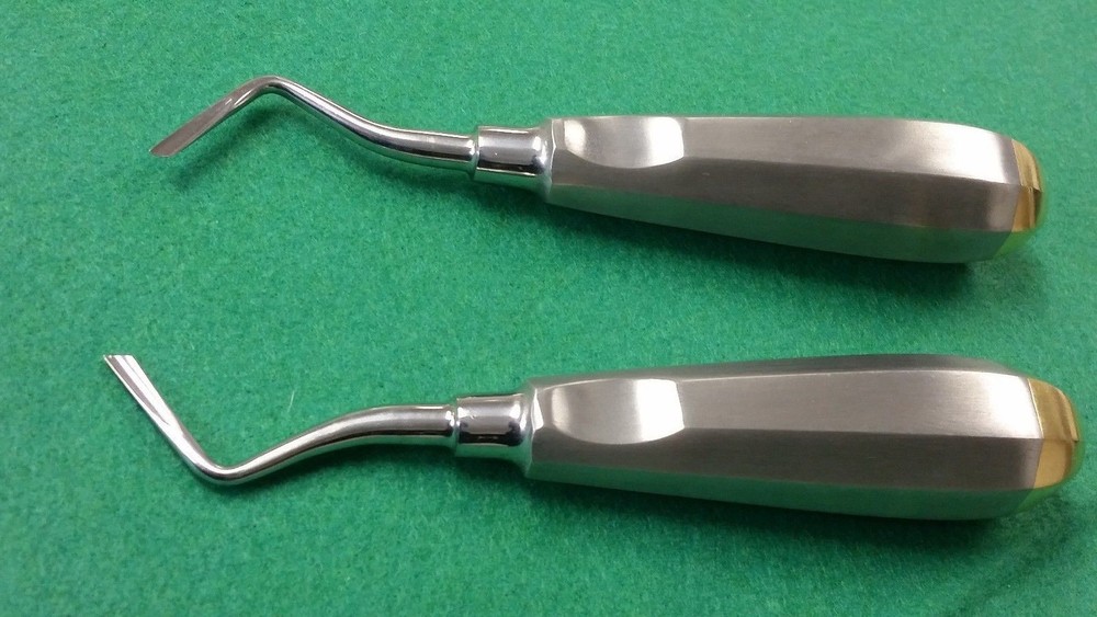 2 DENTAL ROOT TIP ELEVATOR FLAT END TIP W /GOLD HANDLE