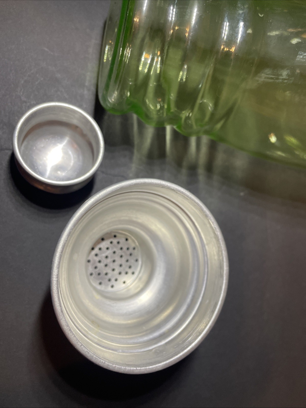 Vintage Green Uranium Glass Martini/Cocktail Shaker With Lids 11 Inches