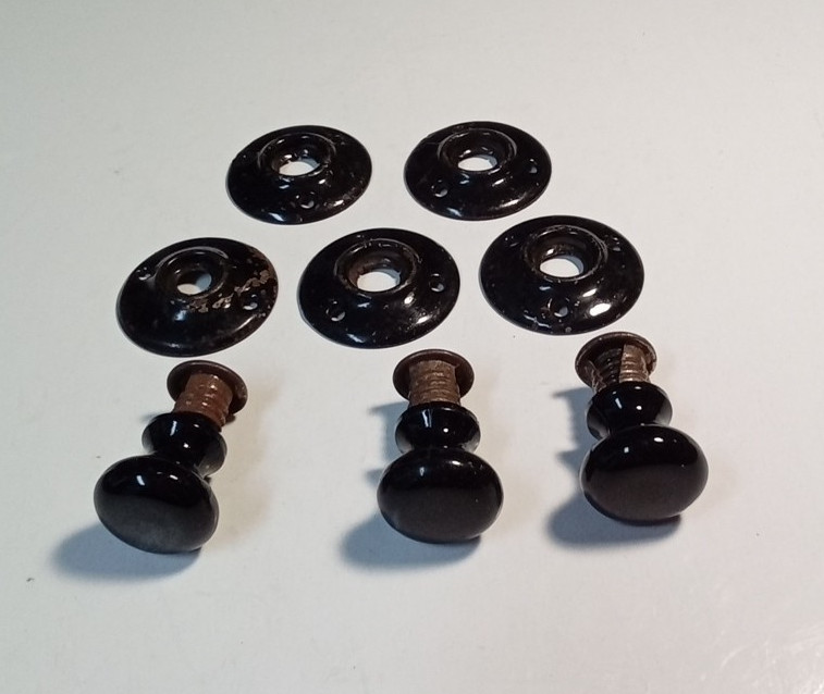 Black Porcelain (3) Drawer Pull Knobs (5) Door Rosette Plates Salvage