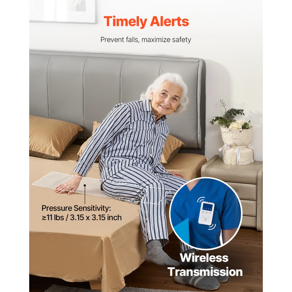 Wireless Bed Alarm System w/ Sensor Pad & Pager for Elderly Fall Prevention