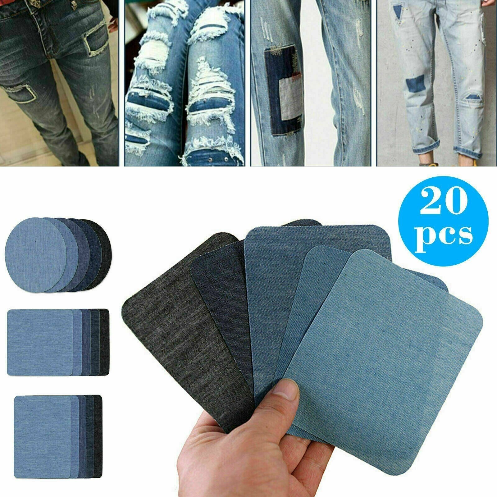 5 Colors DIY Iron on Denim Fabric Patches for Clothing Jeans Repair Kit（20pcs ）