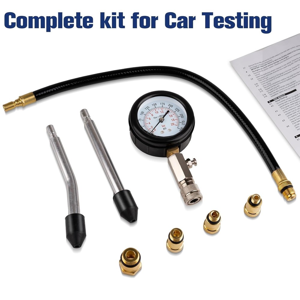 8 pcs Petrol Engine Compression Tester Kit with Dual Scale Gauge & Storage Box