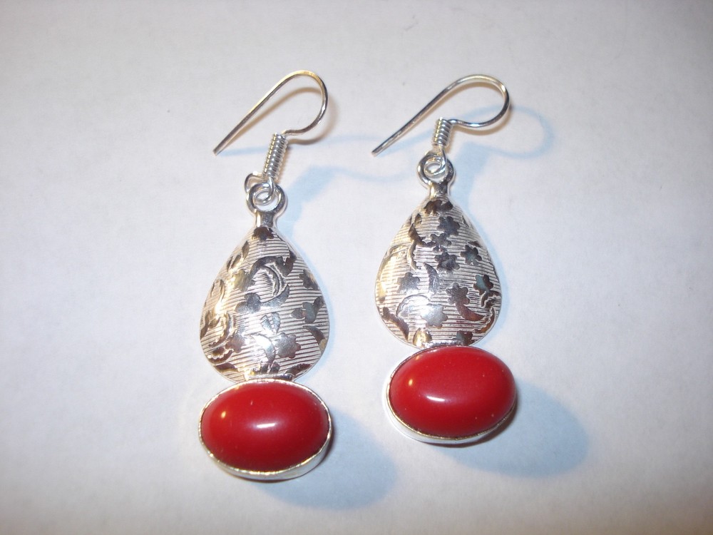 Red Oval Glass Dangle Earrings  925