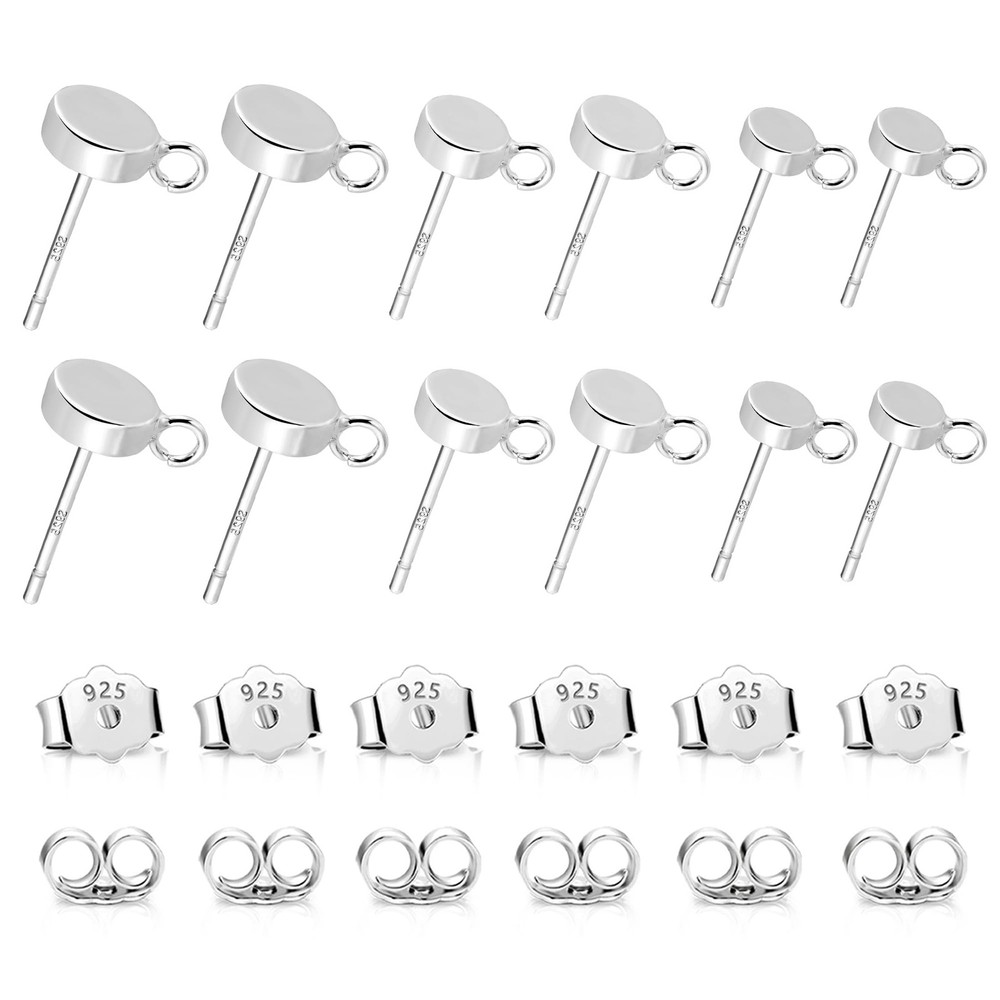 12Pcs Flat Sterling Silver Post with Earring Hook, 3/4/5mm Ear Studs with Loo...
