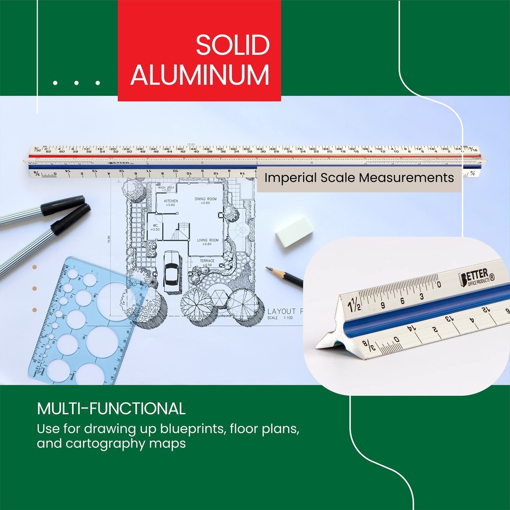 Triangular Ruler, 12 Inch Metal, Triple Sided Color Coded, Imperial Scale, Dr...