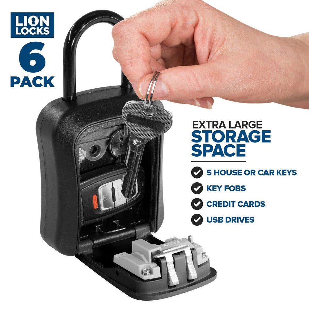 Lion Locks Lock Box for Keys, 6 Pack Black - Secure Key Safe Solution with Combi