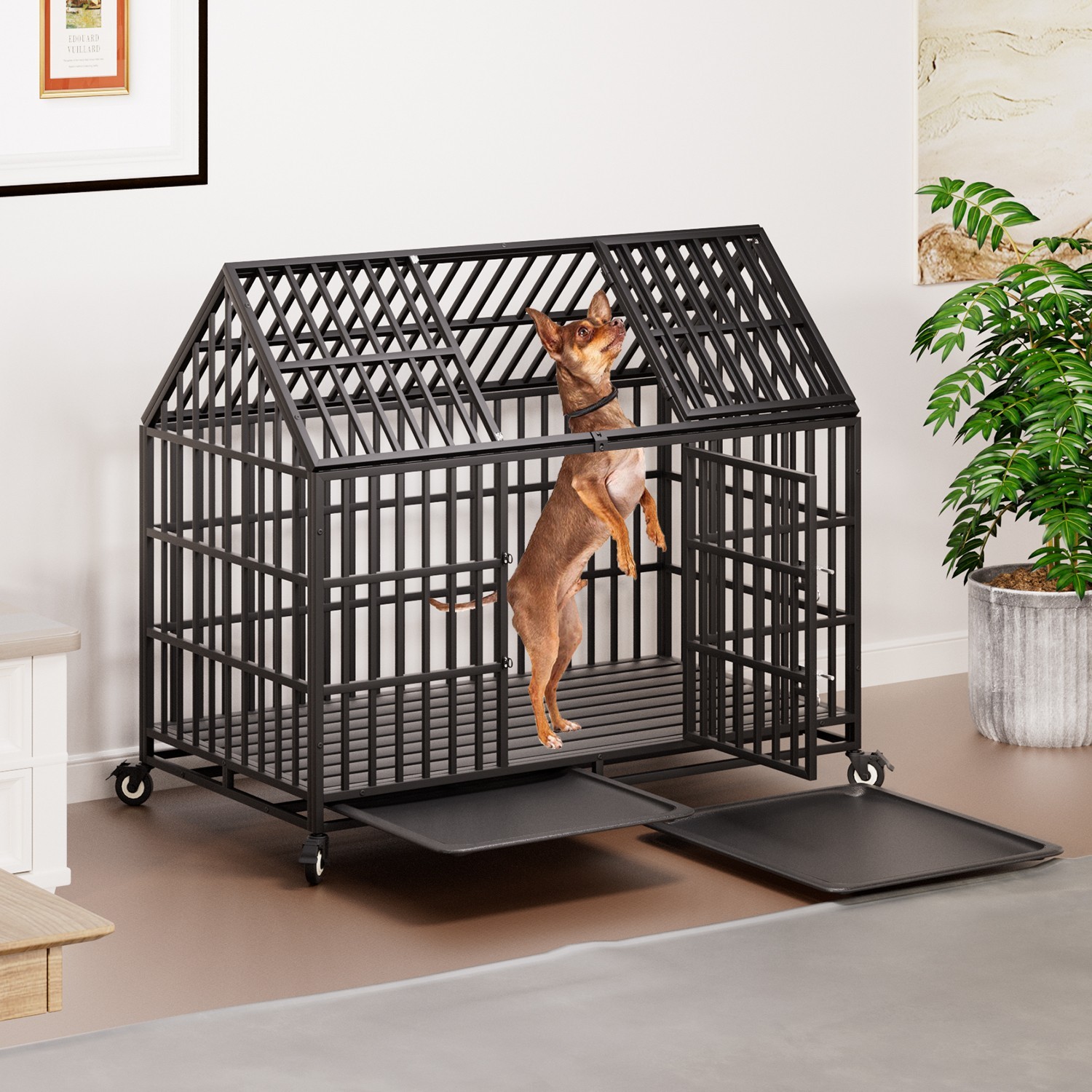 54'' Indestructible Heavy Duty Dog Crate Cage Kennel with 2 Bowls for Large Dogs