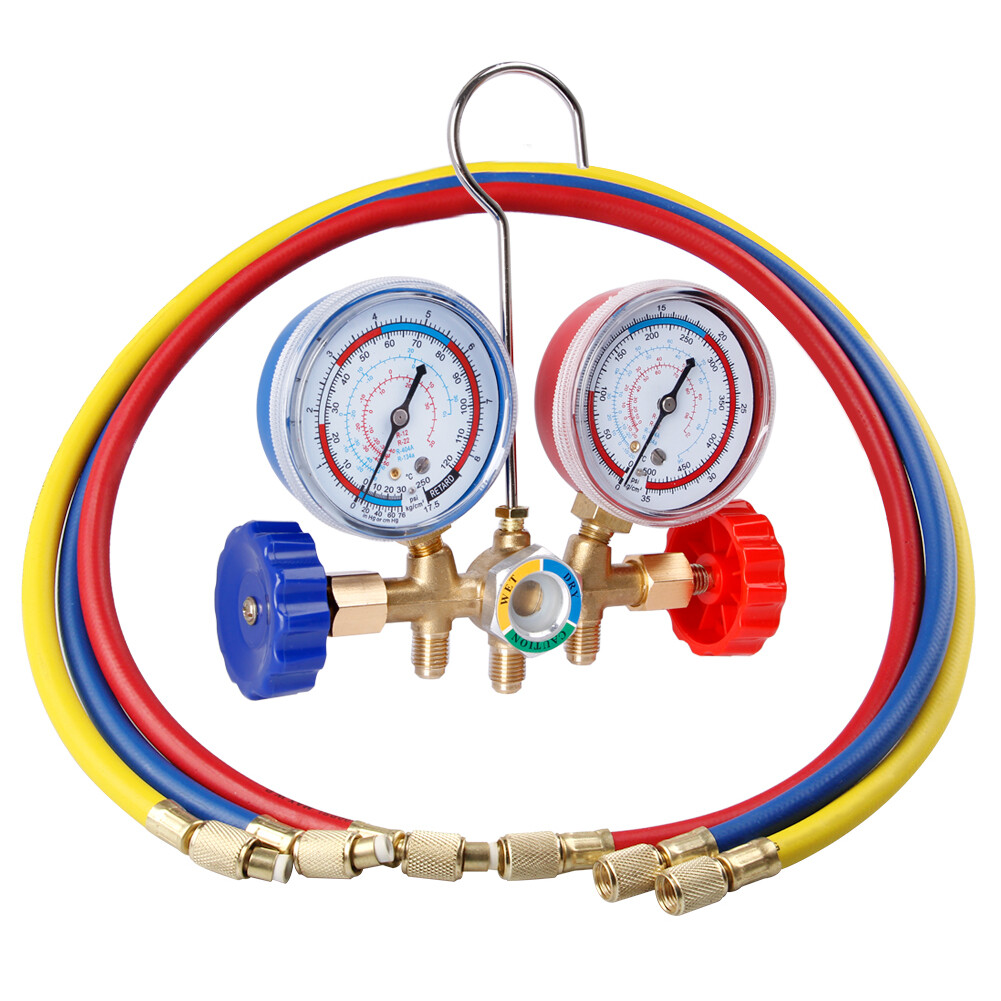 A/C HVAC Diagnostic Service Manifold Gauges Set Of 3 Color Hoses For Refrigerant