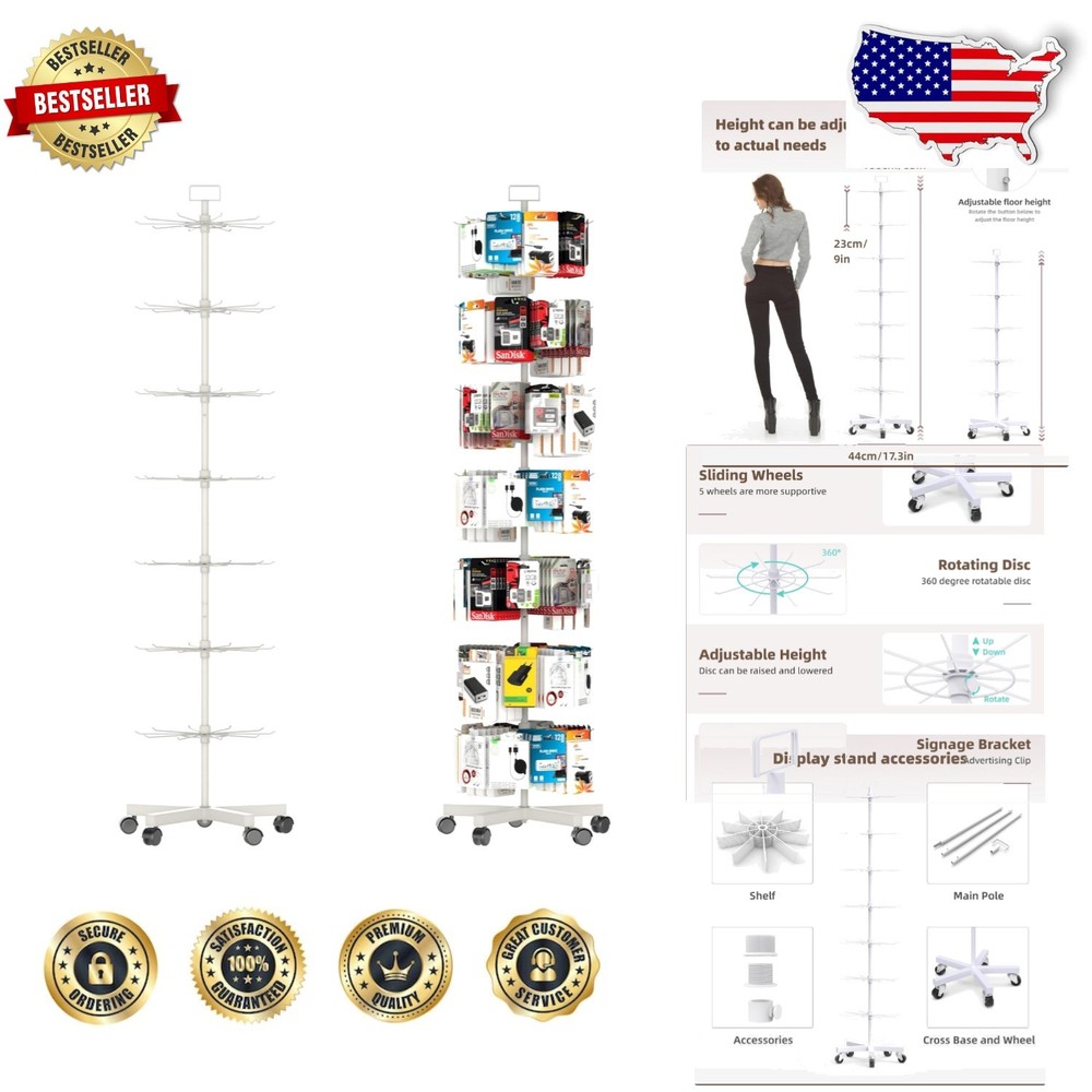 Upgraded 7 Tier Spinner Rack Movable Retail Display Stand White