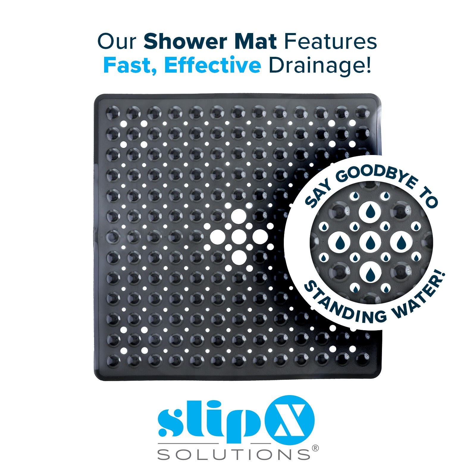 Large Non-Slip Shower Mat with Drain Holes: Black Square Shower Mat