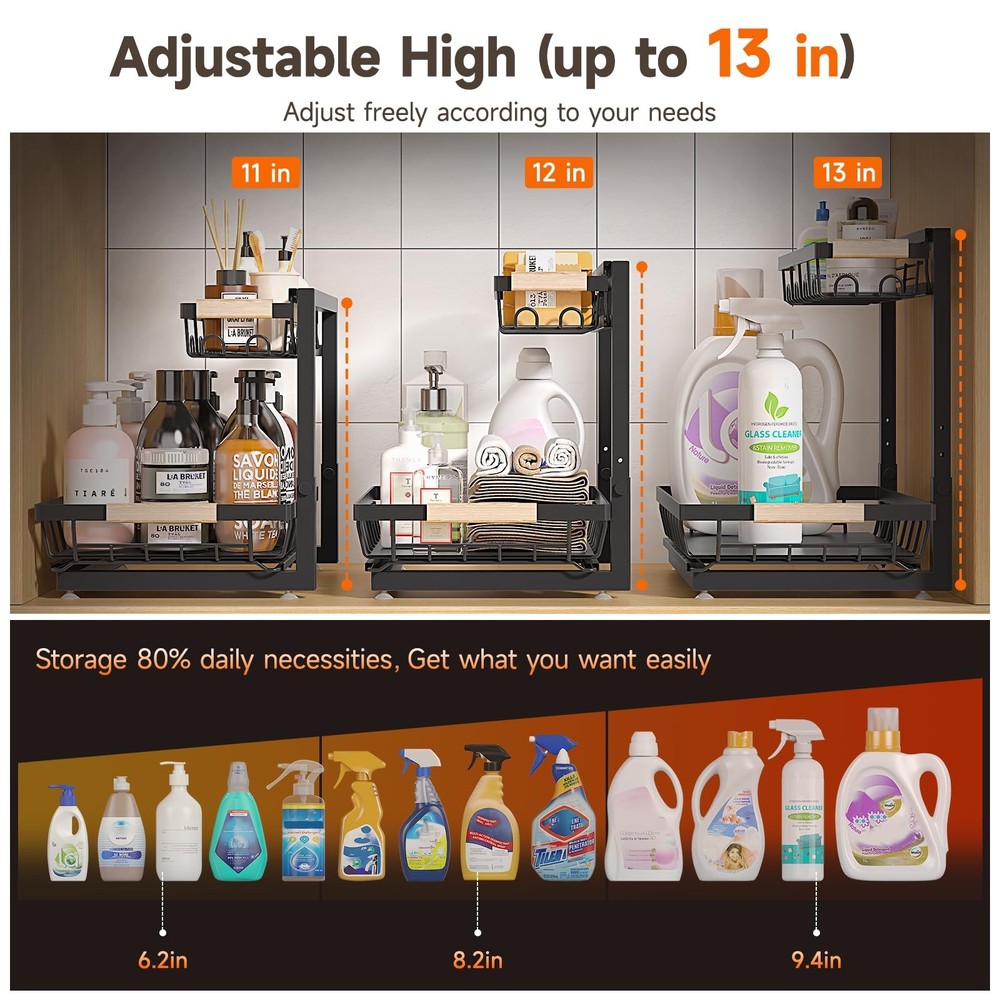 Kitchen Organization 2 Tier Under Sink Shelf Height Adjustable Storage