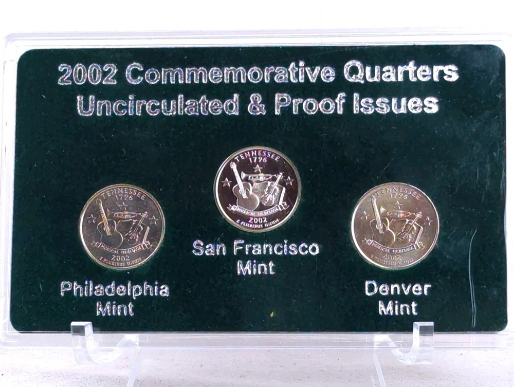 2002 TENNESSEE 3pc Set COMMEMORATIVE State Quarters: P & D=Uncirculated, S=Proof