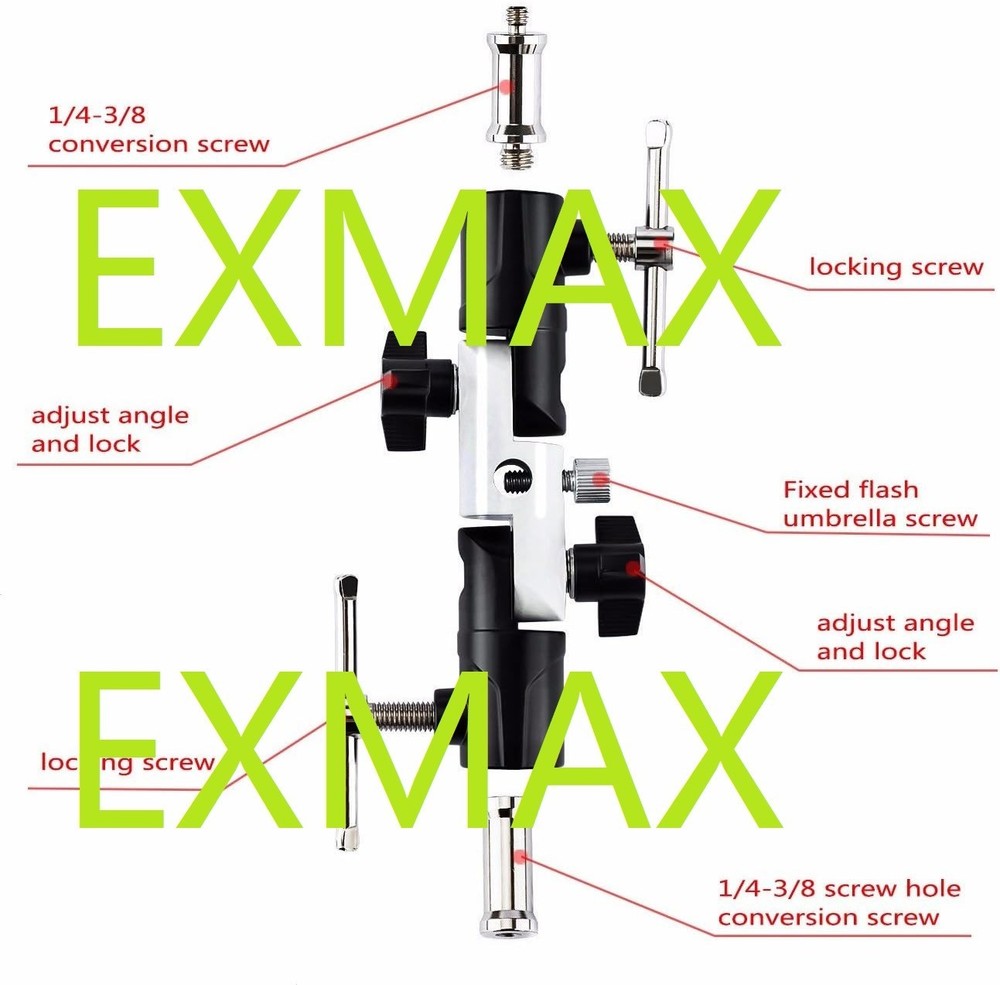 EXMAX Triple (3) Flash Head Adapter with Swivel/Tilt Bracket 3 Section U Shape