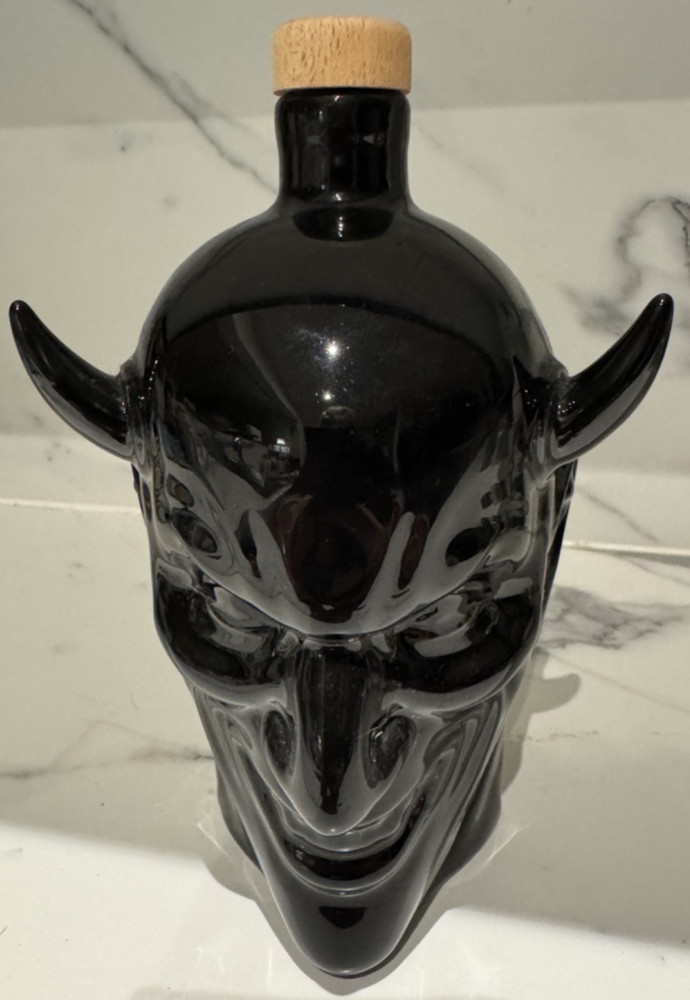 Fallen Angel Empty shiny Black Spiced Rum Bottle Devil