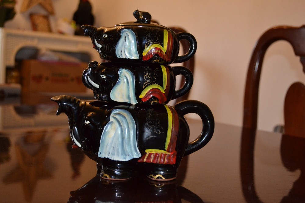 Vintage Redware Pottery Elephant 4 Piece Tea Set