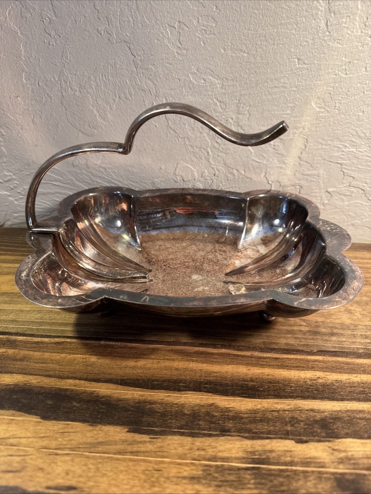 Vintage Silver Plate Candy Dish Scalloped Rectangular with Free Form Handle